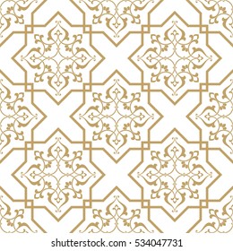 Vintage abstract floral seamless pattern. Intersecting curved elegant stylized golden leaves and scrolls forming abstract floral ornament in Arabian style on white  background.  Decorative lattice

