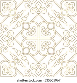 Vintage abstract floral seamless pattern. Intersecting curved elegant stylized leaves and scrolls forming abstract floral ornament in Arabian style. Arabesque. Decorative lattice