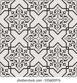 Vintage abstract floral seamless pattern. Intersecting curved elegant stylized leaves and scrolls forming abstract floral ornament in Arabic style. Arabesque. 