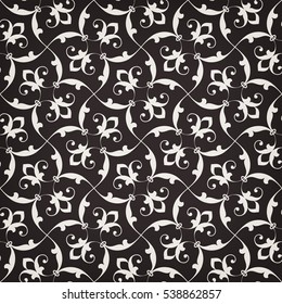 Vintage abstract floral seamless pattern. Intersecting curved elegant stylized leaves and scrolls forming ornament in Arabian style. Arabesque. Decorative Moroccan lattice on black background.