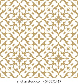 Vintage abstract floral seamless pattern. Intersecting curved elegant golden stylized leaves and scrolls forming abstract floral ornament in Arabic style on white background. Arabesque.
