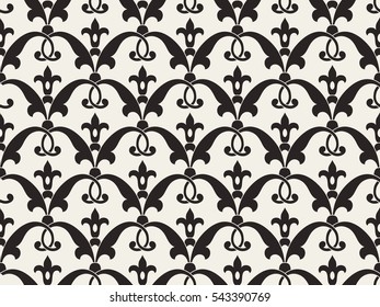 Vintage abstract floral seamless pattern. Intersecting curved elegant stylized leaves and scrolls forming abstract floral ornament in Arabic style on white background. Arabesque.
