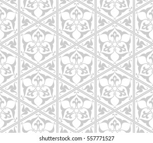 Vintage abstract floral seamless pattern. Intersecting curved elegant stylized leaves and scrolls forming abstract floral ornament in Arabic style on white background.   Arabesque.
