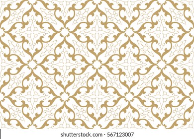 Vintage abstract floral seamless pattern. Intersecting curved elegant golden stylized leaves and scrolls forming abstract floral ornament in Arabic style on white background. Arabesque.