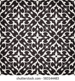 Vintage abstract floral seamless pattern. Intersecting curved elegant stylized leaves and scrolls forming abstract floral ornament in Arabic style  on black background. Arabesque.
