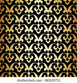 Vintage abstract floral seamless pattern. Intersecting golden leaves and scrolls on black background forming abstract floral lattice. Arabesque.Vector rapport for laser engraving and cutting. 
