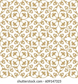Vintage abstract floral seamless pattern. Intersecting golden curved elegant stylized leaves and scrolls on white background forming abstract floral ornament in Arabic style. Arabesque design.