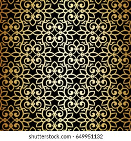 Vintage abstract floral seamless pattern. Intersecting curved elegant stylized leaves and scrolls forming abstract floral background in Arabic style. Arabesque design.