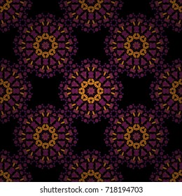 Vintage abstract floral seamless pattern. Intersecting curved elegant stylized leaves and scrolls forming in purple, brown and black colors. Abstract floral ornament in Arabic style. Vector design.
