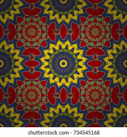 Vintage abstract floral seamless pattern. Intersecting curved elegant stylized leaves and scrolls forming in yellow, blue and red colors. Abstract floral ornament in Arabic style. Vector illustration.