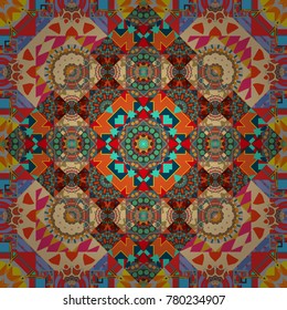 Vintage abstract floral seamless pattern. Vector illustration. Intersecting curved elegant stylized leaves and scrolls forming in red, beige and blue colors. Abstract floral ornament in Arabic style.