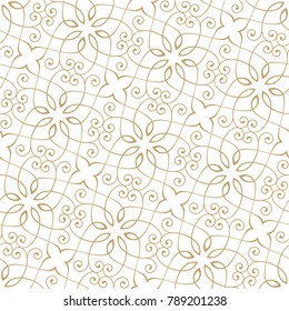 Vintage abstract floral seamless pattern. Intersecting curved elegant stylized leaves and scrolls forming abstract floral background in Arabic style. Arabesque design.