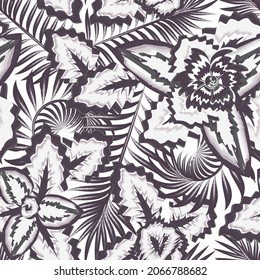 flores abstractas vintage sin fisuras con hermosas hojas de palma y vegetación tropical en color monocromático elegante. verano exótico. diseño vectorial. decorativo de papel pintado