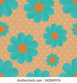Vintage Abstract Flowers Wallpaper on polka dot Background. Retro Style Floral Seamless  Pattern.