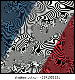 Vintage abstract french flag poster with textured liquid pattern design and optical interference effect of the illusion of movement for banner, flier, invitation, cover, business card. Vector 