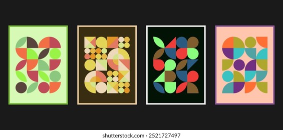 vintage abstract geometric bauhaus pattern set with a retro vibe,warm toned showcasing circles and curved shapes