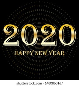 Vintage abstract golden christmas card on black backdrop. Banner, poster template. New year party design banner. Vector vintage illustration. Happy new year 2020 design.