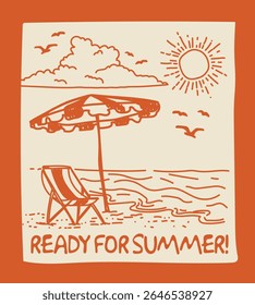 Vintage abstract hand drawn beach seaside illustration with retro typography ready for summer slogan print for graphic tee t shirt or postcard - Vector