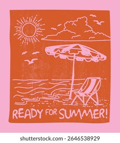 Vintage abstract hand drawn beach seaside illustration with retro typography ready for summer slogan print for graphic tee t shirt or postcard - Vector