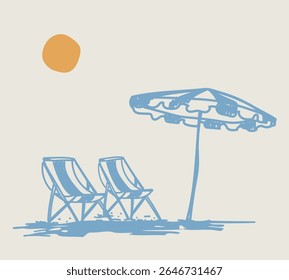 Vintage abstract hand drawn beach seaside illustration with sun seagulls umbrella and chairs print for graphic tee t shirt or sticker card - Vector