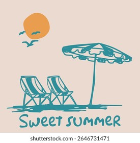Vintage abstract hand drawn beach seaside illustration with sun seagulls umbrella and chairs print for graphic tee t shirt or sticker card - Vector