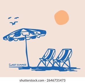 Vintage abstract hand drawn beach seaside illustration with sun seagulls umbrella and chairs print for graphic tee t shirt or sticker card - Vector