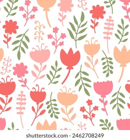 Vintage abstract illustration with bright silhouette flowers seamless pattern on white background for fabric design.