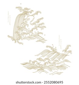 Vintage Abstract landscape with Japanese wave pattern vector. Nature art background with Chinese wave and cloud template in oriental style.