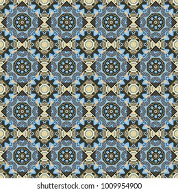Vintage abstract mandala colorful seamless pattern in gray, beige and blue colors. Vector background.