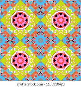 Vintage abstract mandala colorful seamless pattern in blue, pink and green colors. Vector background.