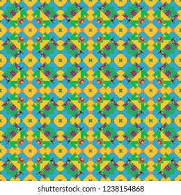 Vintage abstract mandala colorful seamless pattern in blue, yellow and green colors. Vector background.