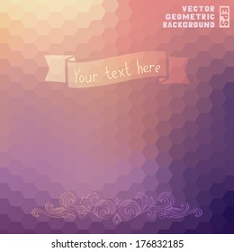 Vintage abstract mosaic background with ribbon. Hexagons pattern. Retro design. Place for your text.
