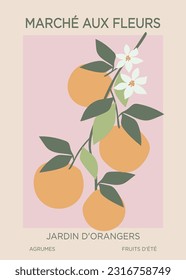 Ilustración del mercado de la fruta naranja vintage con eslogan francés para camiseta o afiche gráfico - Vector - Traducción al inglés: Mercado de flores - Jardines naranjas