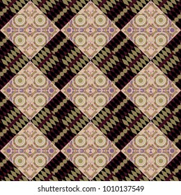 Vintage Abstract Ornament with Tiles and Rhombus in beige, black and green Colors. Colorful Pattern for Wallpaper, Textile, Linen, Curtains. Vector Bright Zentangle. Orient seamless pattern.