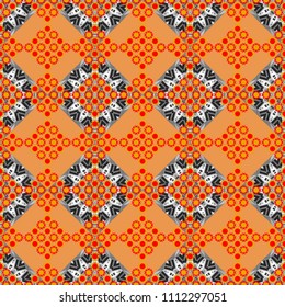 Vintage Abstract Ornament with Tiles and Rhombus in red, magenta and gray Colors. Colorful Pattern for Wallpaper, Textile, Linen, Curtains. Orient seamless pattern. Vector Bright Zentangle.