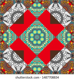 Vintage Abstract Ornament with Tiles and Rhombus in pink, blue and brown Colors. Colorful Pattern for Wallpaper, Textile, Linen, Curtains. Orient seamless pattern. Vector Bright Zentangle.