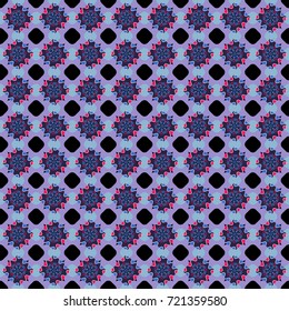 Vintage Abstract Ornament with Tiles and Rhombus in black, violet and blue Colors. Orient seamless pattern. Colorful Pattern for Wallpaper, Textile, Linen, Curtains. Vector Bright Zentangle.