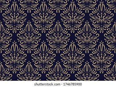 Vintage abstract pattern in damask style. Seamless vector background. Dark blue and gold texture. Elegance texture