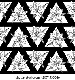 Vintage abstract pattern of lily flower with  geometry on black background for fabric design. Simple vector graphic pattern, modern. Vector fabric seamless pattern. 