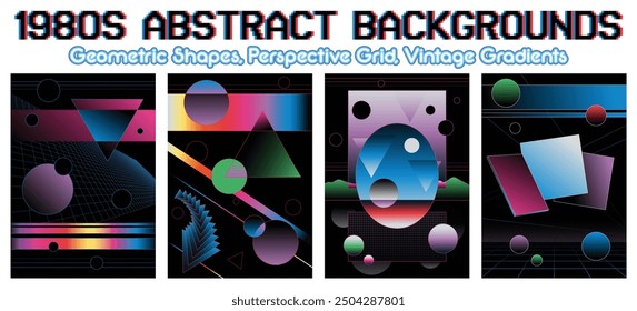 Conjunto de Plantilla de carteles Abstractas de Antiguas para fiesta de los años 80, evento, fondos de la década de 1980, Formas geométricas Abstractas, Gradientes coloridos, 