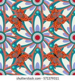 Vintage abstract seamless pattern. Butterflies. Orange, white, blue. Vector illustration texture.