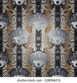 Vintage abstract seamless pattern. Floral decorative gold 3d ornaments. Ornamental  background. Ornate vintage damask wallpaper pattern. Elegant luxury flowers vector texture in Baroque style.