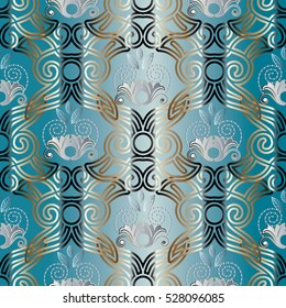 Vintage abstract seamless pattern. Floral decorative gold 3d ornaments. Ornamental light blue background. Ornate damask wallpaper pattern. Elegant luxury flowers vector texture in Baroque style