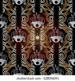 Vintage abstract seamless pattern. Floral decorative gold 3d ornaments. Ornamental dark vintage background. Ornate wallpaper pattern. Elegant luxury flowers vector texture in Baroque style