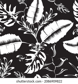 patrón abstracto vintage sin fisuras con hojas tropicales monocromáticas y plantas en el fondo nocturno. Diseño de vectores. Impresión de la jungla. Fondo floral. Impresión y textiles. Tropical exótico. Tema veraniego