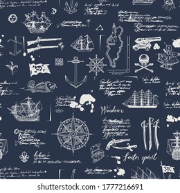 Vintage patrón abstracto sin fisuras sobre el tema de las aventuras piratas con bocetos y notas ilegibles. Fondo vectorial con cráneo, cruces, bandera, espadas, pistolas, caravanas y otros símbolos náuticos