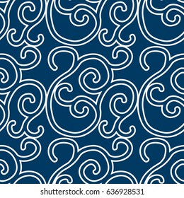 Vintage abstract seamless pattern with white curved elegant lines with scrolls on blue background flat vector illustration 