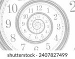 Vintage abstract stipple infinite spiral clock face isolated on a white background. Surreal dotted halftone watch twisted time concept. Vector illustration