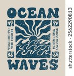 Vintage abstract summer ocean sea waves sun and surf beach illustration with retro typography slogan print for graphic tee t shirt or poster sticker - Vector 