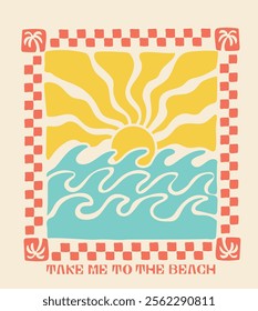 Vintage abstract summer ocean sea waves sun and surf beach illustration with retro typography slogan print for graphic tee t shirt or poster sticker - Vector 